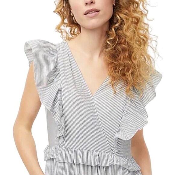 J. Crew Ruffle Sleeve Cotton Voile Midi Dress Size L Striped Gray V Neck Cottage - Picture 4 of 16